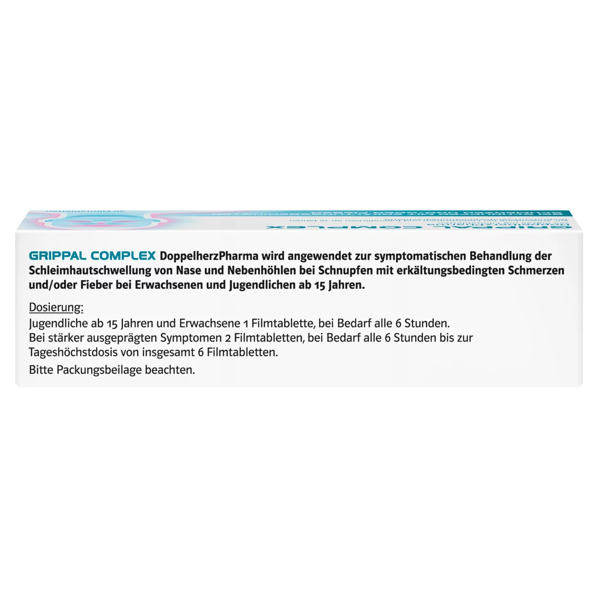 Abbildung der Produktverpackung DoppelherzPharma GRIPPAL COMPLEX DoppelherzPharma 200 mg/ 30 mg Filmtabletten Seitenansicht links